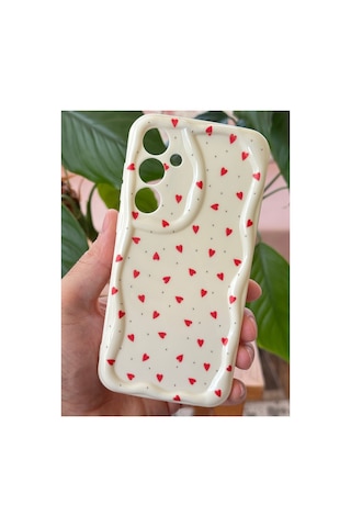 Galaxy Uyumlu A16 Kılıf Kamera Korumalı Dalga Kenarlı Kırmızı Kalp Desenli Silikon Kapak