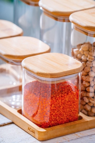 Malibu Bambu Standlı 6 Lı Cam Baharatlık Seti Bambu