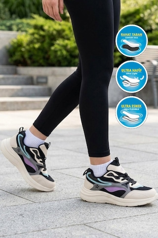 Walkway Bej-siyah Fileli Bağcıklı Nefes Alan Rahat Tabanlı Unisex Yürüyüş Ve Spor Ayakkabı 26106 G
