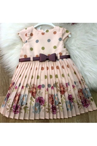 Kız Çocuk Bebek Pembe Puanlı Çiçekli Doğum Günü Hediye Şık Prenses Elbise Pembe