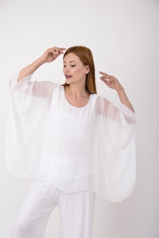 Bohem Stil İtalyan Yarasa Kol İpek Bluz & Pantolon Takım-8767 Beyaz