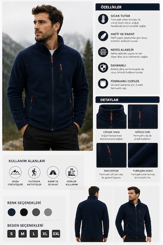 Luxıc Core Unisex Lacivert Polar Ceket Fermuarlı Soğuk Havalara Uygun, Rahat Ve Şık Tasarım