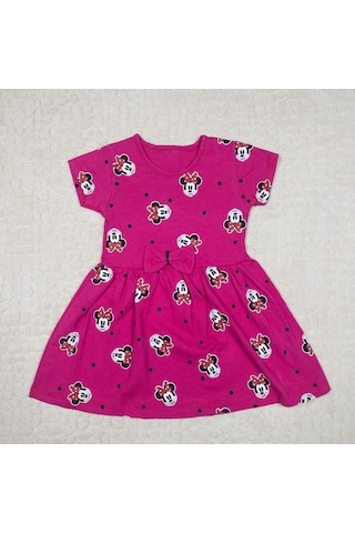 Momikon Minnie Mouse Desenli Fiyonk Detaylı Pamuklu Kız Çocuk Elbise Füşya