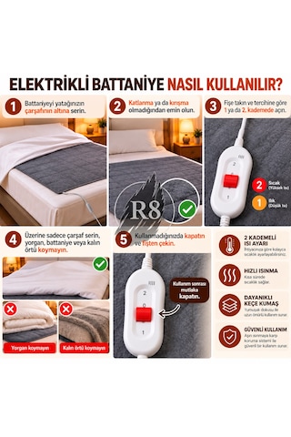 R8 Çift Kişilik Elektrikli Battaniye 2 Kademeli Isı Ayarlı Aşırı Isınma Korumalı Çok Renkli
