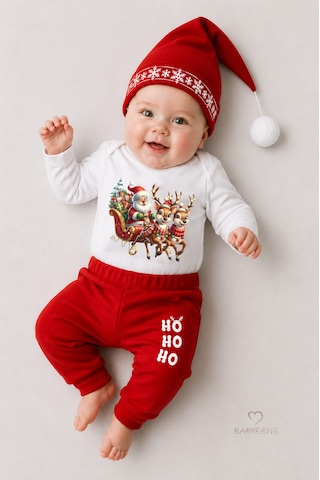 Babyden's Bebek Yılbaşı Noel Kıyafeti 3 Lü Takım,noel Baskılı Uzun Kollu Body ,kırmızı Pantolon,ponponlu Şapka Unisex Kırmızı - Beyaz