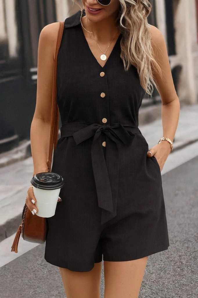 S-pazarım Kadın Sıfır Kollu Yakalı Düğmeli Belden Kuşaklı Kısa Keten Tulum Siyah