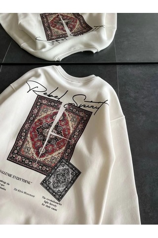 Kadın Bisiklet Yaka Kilim Halı Baskılı 3 İplik Pamuklu Sweatshirt - Beyaz