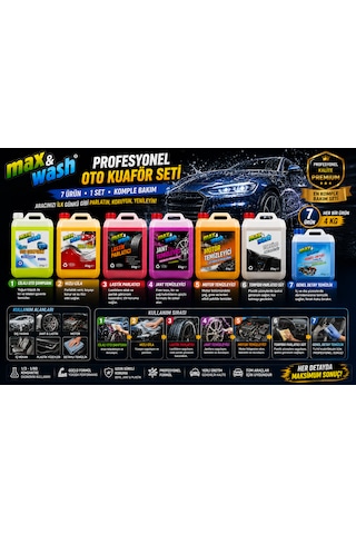 Max&wash 7'li Profesyonel Oto Kuaför Seti 7x4 Kg Cilalı Oto Şampuan + Hızlı Cila + Lastik Parlatıcı + Jant Temizleyici + Motor Temizleyici + Torpido Parlatıcı + Genel Detay Temizleyici
