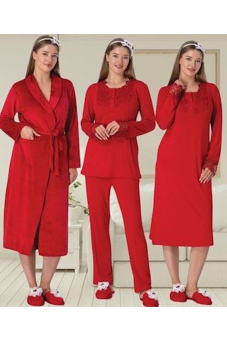 Mecit Pijama Mecit 6500 Bayan Hamile Kırmızı Sabahlıklı Gecelik Pijama Takımı