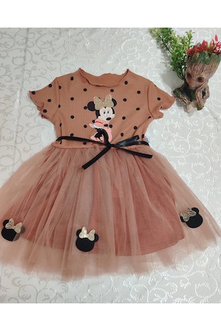Pekminibebe 2-3-4 Yaş Puantiyeli Mickey Baskılı Kurdela Kuşaklı Astarlı Kız Bebek Tütü Elbisesi Kahverengi