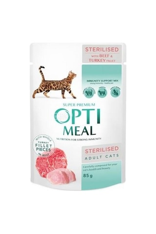 Optimeal Kısırlaştırılmış Dana Hindi Soslu Tahılsız Yetişkin Kedi Maması 85 G
