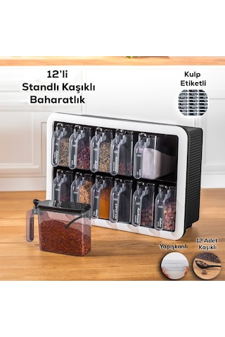 Porsima 1165 Random Standlı Kendinden Yapışkanlı Kaşıklı Kapaklı Baharatlık Seti 12'li Beyaz - Siyah Siyah - Beyaz