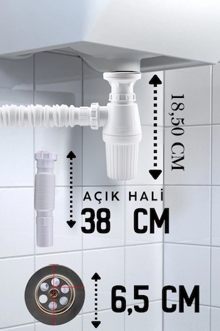 Lüx Körüklü Lavabo Sifonu Taslı Sökülebilir Mutfak Banyo Gider Borusu 38 Cm Pis Su Tahliye Hortumu