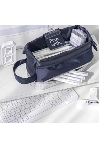 Aubyhe Geniş Kabinli Kumaş Kalem Kutusu, Çok Bölmeli, Dikey Fermuar İle Genişletilebilir, Öğrenci Okul Malzemesi, Seyahat/makyaj Kutusu - Lacivert Blue