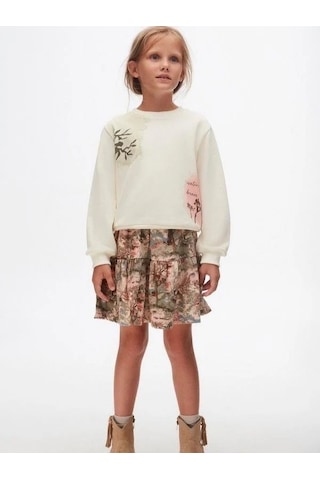 Kız Çocuk Bel Lastikli Desenli Şebboy Etek-14741 Haki