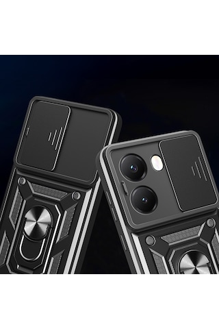 Xiaomi Poco X7 Pro Kılıf Yüzüklü Manyetik Standlı Kamera Sürgülü Armor Zırh Siyah