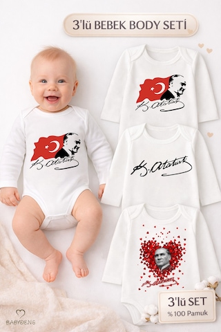 Babyden's Atatürk Temalı 3 Lü Bebek Body Seti %100 Pamuk Uzun Kollu Çıtçıtlı Zıbın Body Beyaz