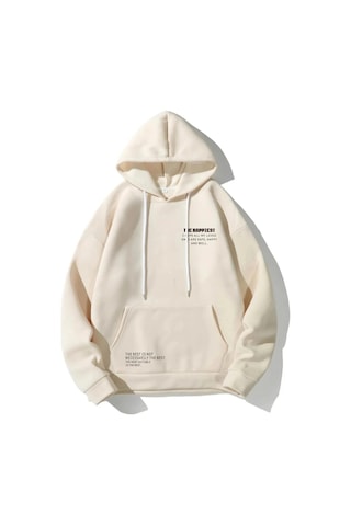 Tarzsokak Unisex Bej Happiest Baskılı Oversize Kapşonlu Sweatshirt Bej