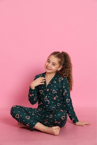 Beka Kids Yılbaşı Desenli Uzun Kollu Önden Düğmeli Gömlek Yaka Kız Çocuk Pijama Takımı Yeşil