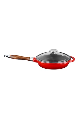 Lava Döküm Kızartma Tavası Ahşap Kulplu Cam Kapaklı Siyah 28cm