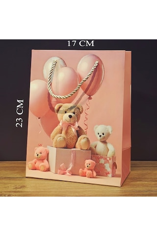Ayıcık Desenli Pembe Küçük Boy Karton Hediye Çantası
