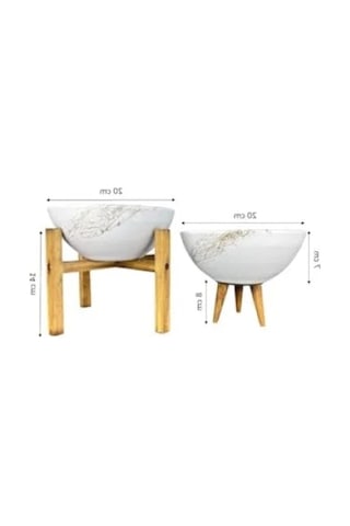 Beyaz Gold Mermer Efektli 20 Cm Çapında 3-4 Ayaklı İkili Bitki Saksı