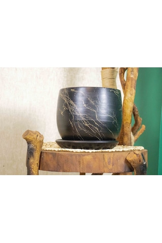 Bitki Tasarımı Ev Dekorasyon  Siyah Üzeri Gold Tabaklı Terracota Toprak Saksı Saksılık Salon Çiçeklik 19 CM