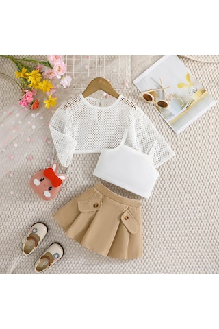 Haki Çocuk Giyim Kız Setleri Oymak Üst + Cami Üst + Haki Etekler 3 Adet Yaz Takım Elbise Setleri Kızlar Için 12M-6Y Çocuk Giysileri 12M-6Y Haki