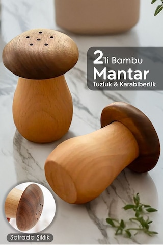 2'li Mantar Model Bambu Baharatlık - Tuzluk Biberlik Karabiberlik Baharat Takımı 35 Ml Bej