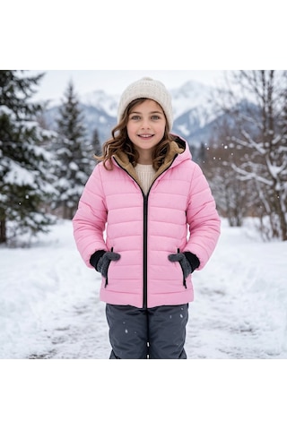 Merdia Kids Kız Çocuk Düz Çizgili Su Ve Rüzgar Geçirmez İçi Kürklü Mont Pembe