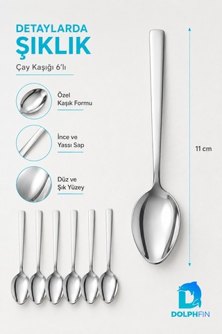 6 Lı Paslanmaz Çelik Çay Kaşığı Seti 11 Cm İnce Yassı Saplı Parlak Metal Kaşık Metalik