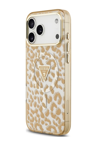 Apple Uyumlu iPhone 17 Pro Max Kılıf Guess Lisanslı M-safeli Üçgen Logolu Simli Leopar Desenli Kahverengi Kahverengi