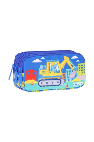 Kaukko Kids Dinazor Ve İş Makinesi Baskılı Mavi - Sarı Erkek Çocuk Okul Kalemliği Kalem Çantası - L5371