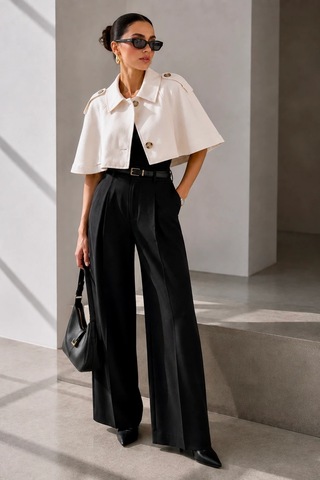 Bb Butik Basic Kadın Premiun Omuz Apoletli Crop Panço Trençkot Fs3434 beyaz