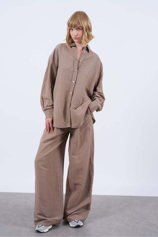 Kadın Keten Gömlek Pantolon Takım Vizon