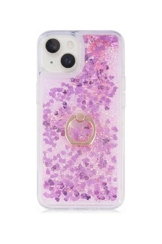 Flody Apple Uyumlu Apple iPhone 15 Kılıf Sulu Simli Akışkan Silikon Yüzüklü Pembe