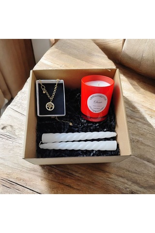 Denic Hediye Seti Kokulu Kırmızı Bardak Mum Yaşam Agacı Kolye Beyaz Burgulu Mum