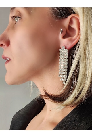 Taşlı Sallantılı Silver Renk Küpe Silver