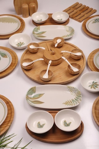 Atbyhome Dawn 6 Kişilik 42 Parça Doğal Bambu Porselen Kahvaltı Takımı Kahvaltı Seti Sunum Seti Beyaz