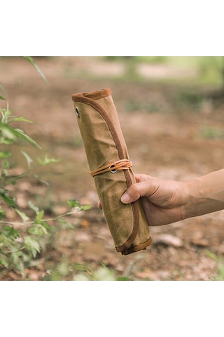 Neevoyu Mumlu Kumaş Çatal Bıçak Seti Çantası - 11 Parça Paslanmaz Çelik Kamp Ve Piknik Ekipmanı Sarı