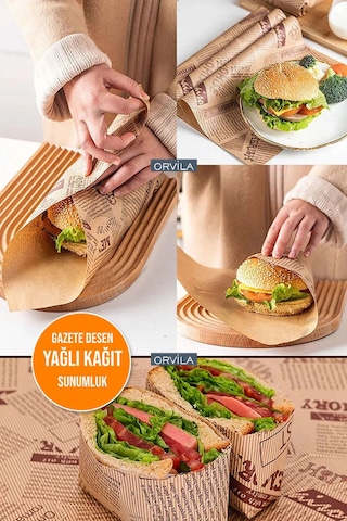 Vintage Desen Sunum Kağıdı 50'li Retro Gazete Görünüm Hamburger Sarma Ve Servis Kağıtları