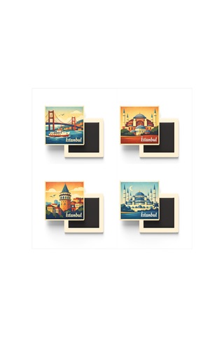 İstanbul - 4'lü Memleket Seti - Baskılı Buzdolap Magneti Kare - 9x9 Cm - 4 Adet