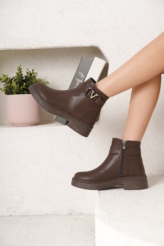 D802 Kadın Yanı Tokalı Ortopedik Soğuk Geçirmez Bot Kahverengi