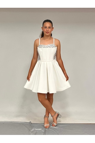 Kız Çocuk Abiye Krem Krep Kısa Pul Payet İşlemeli Biyeli Korseli Kısa Abiye Elbise 10-15 Yaş Krem