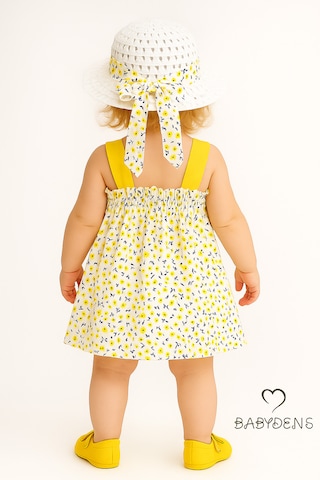 Babyden's Kız Bebek Çiçek Desenli Fiyonklu Yazlık Elbise Şapkalı Takım Pamuklu Sarı Çiçekli Bebek Kombini Sarı