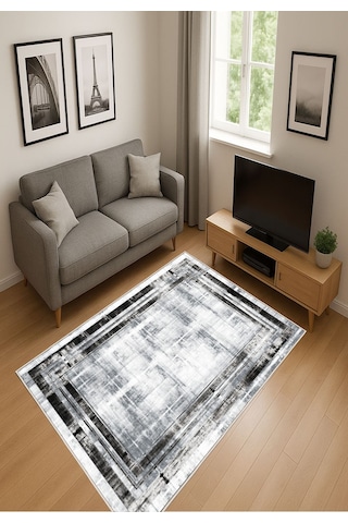 Gri Siyah Dijital Baskı Salon Halısı Kaymaz Tabanlı Yıkanabilir Halı Yolluk 525 Siyah