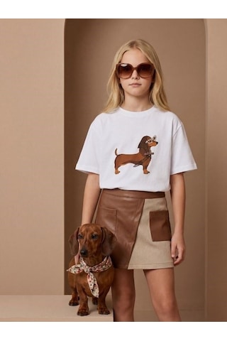 Zekids Kız Çocuk Köpek Baskılı Taş Detaylı Tasarım T-shirt-17187 Beyaz
