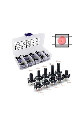Alkatronik 200 Adet 6x6mm Tact Buton Set 10 Farklı Yükseklikte 4 Pin Dokunmatik Anlık Basmalı Düğme Anahtar