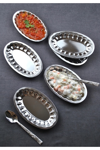 6'lı Çelik Dilimli Küçük Kayık Tabak Dilimli Kayık Tabağı Mini Meze Kahvaltı Sunum Kase 18x11 Cm Metal