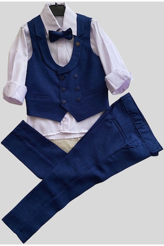 Katlama Detay Yelekli Rozetli Çocuk Takım Elbise Sax Saks Mavi